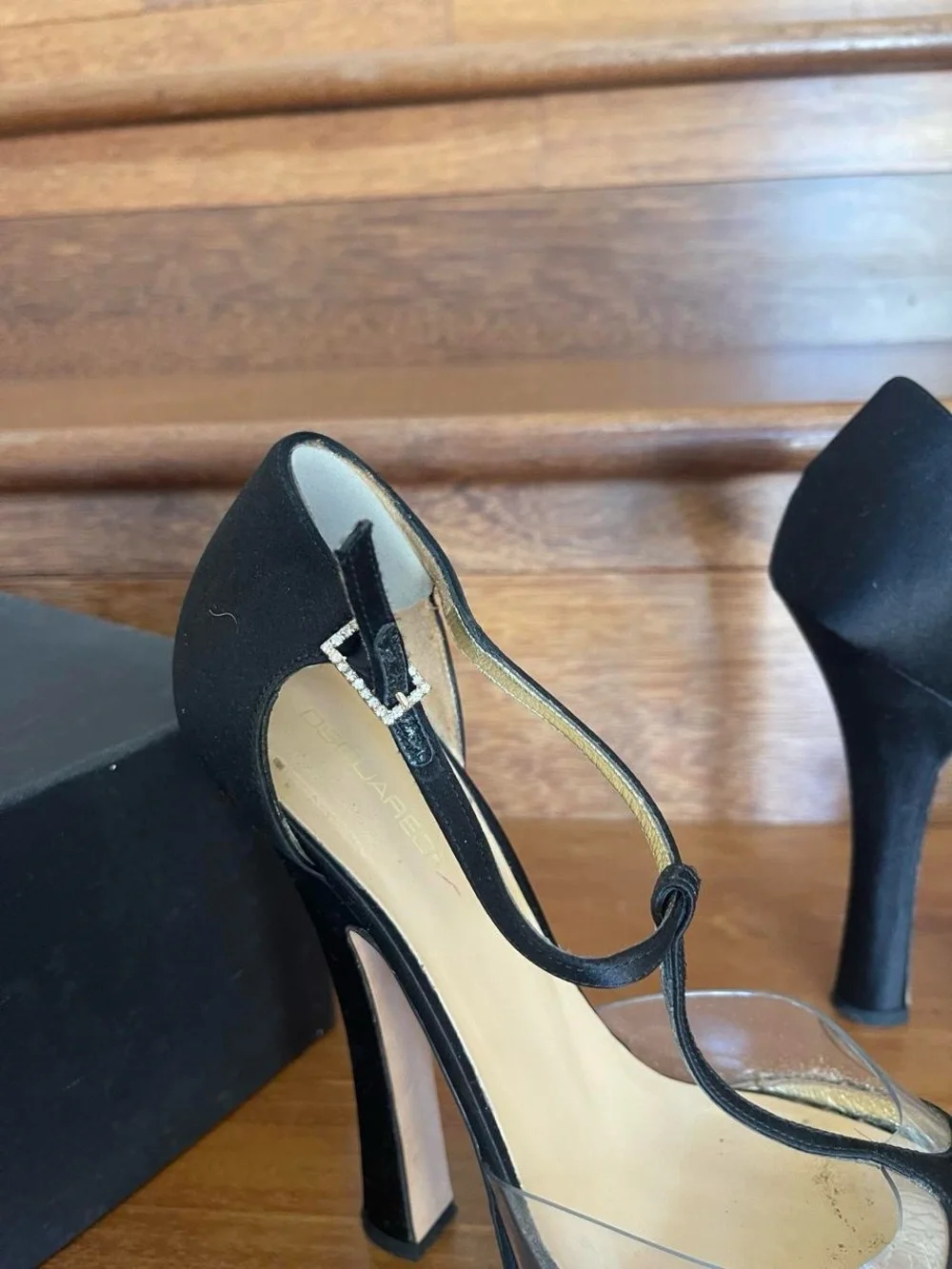 DSQUARED2 Black Satin T-Strap Platform Pumps